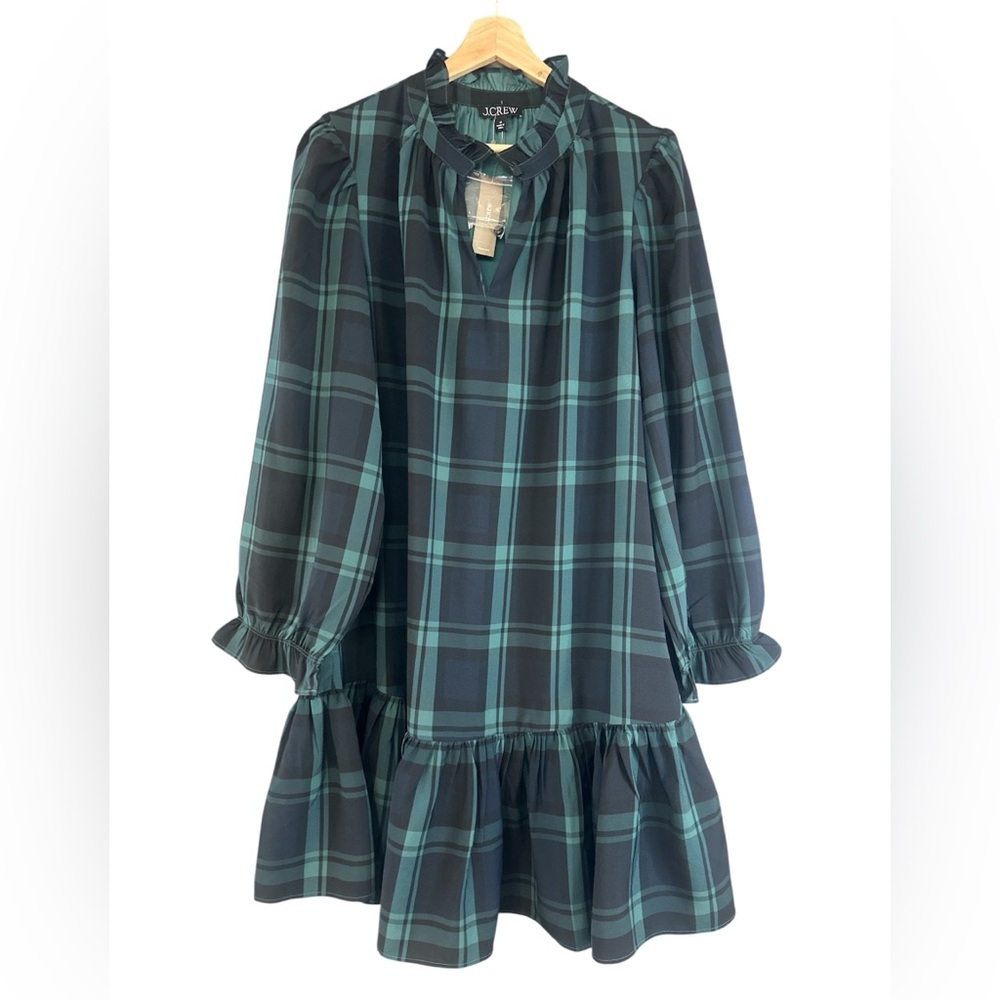 NWT J. Crew Ruffle Puff Sleeve Black Watch Tartan Plaid Dress - Picture 5 of 14